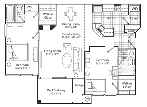 Floor plan for 2 beds, 2 baths, 1010 sqft
